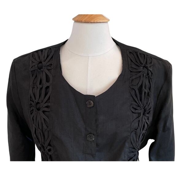 Night Studio Black Linen Floral Embroidered 3/4 Sleeve Blazer, Size 18 - Picture 2 of 13